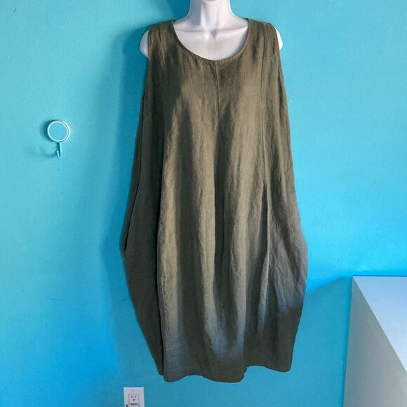 Oversized Olive Green 100% Linen Dress Avant Garde Like Rundholz "One Size" - Picture 1 of 11